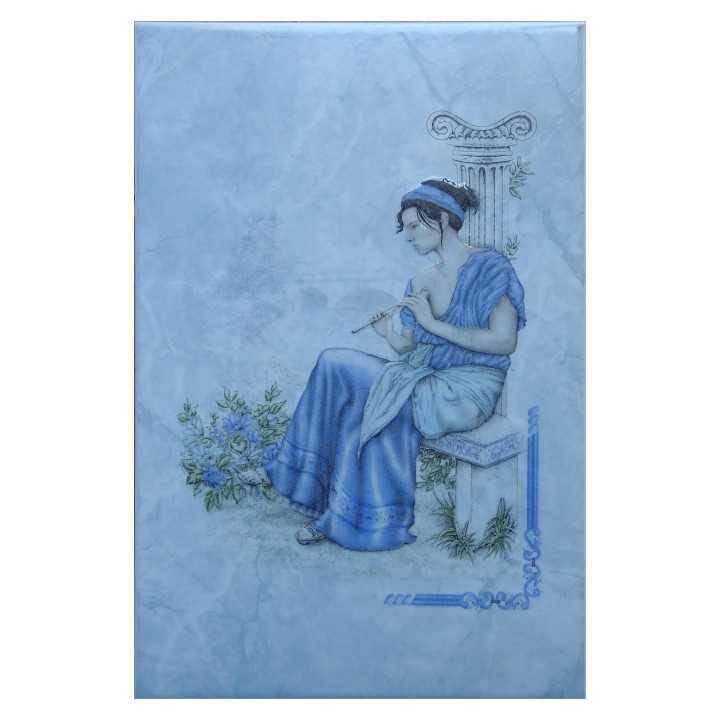 imagen mujer con flauta en azulejo azul 20x30 cm Alcesa - Alcesa